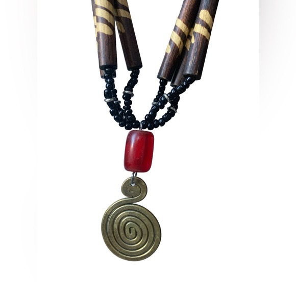 Tribal Vortex Dark Brown Wooden Beads Red Beaded Woman’s Necklace Jewelry - Picture 2 of 9
